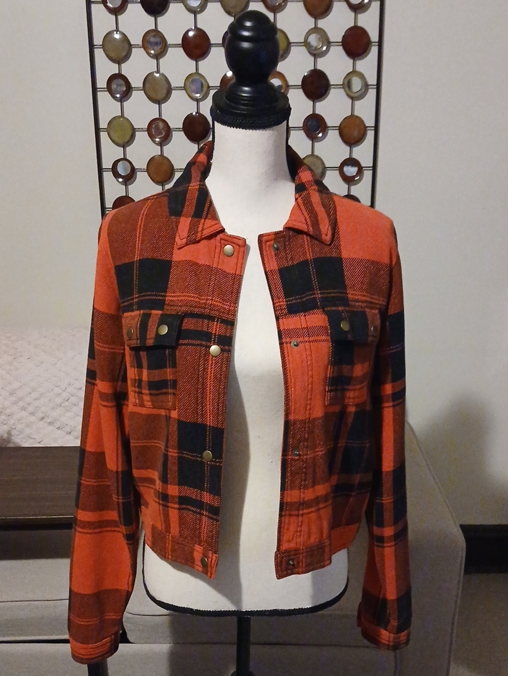 Mossimo Supply Co. Red and Black Plaid Cropped Jean Jacket